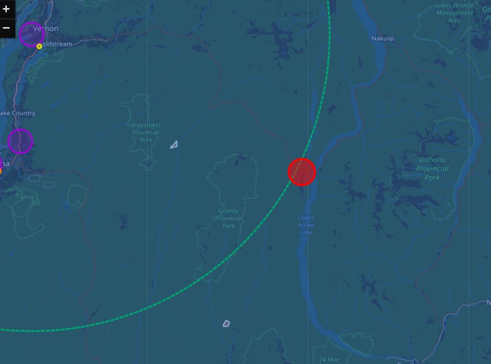Notice to Airmen
Map showing southeastern British Columbia, highlighting Lower Arrow Lake with a red circle and nearby locations like Vernon and Nakusp.