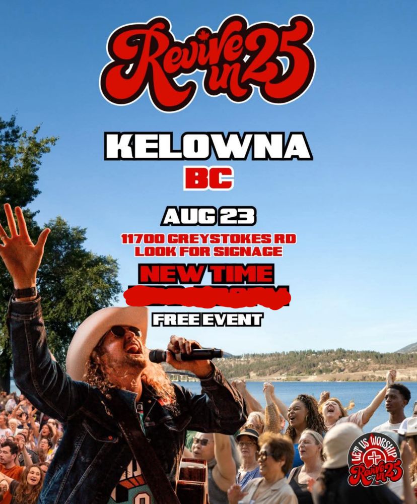 A lively outdoor concert scene in Kelowna, BC, with a crowd cheering and a singer on stage, promoting an upcoming free event.