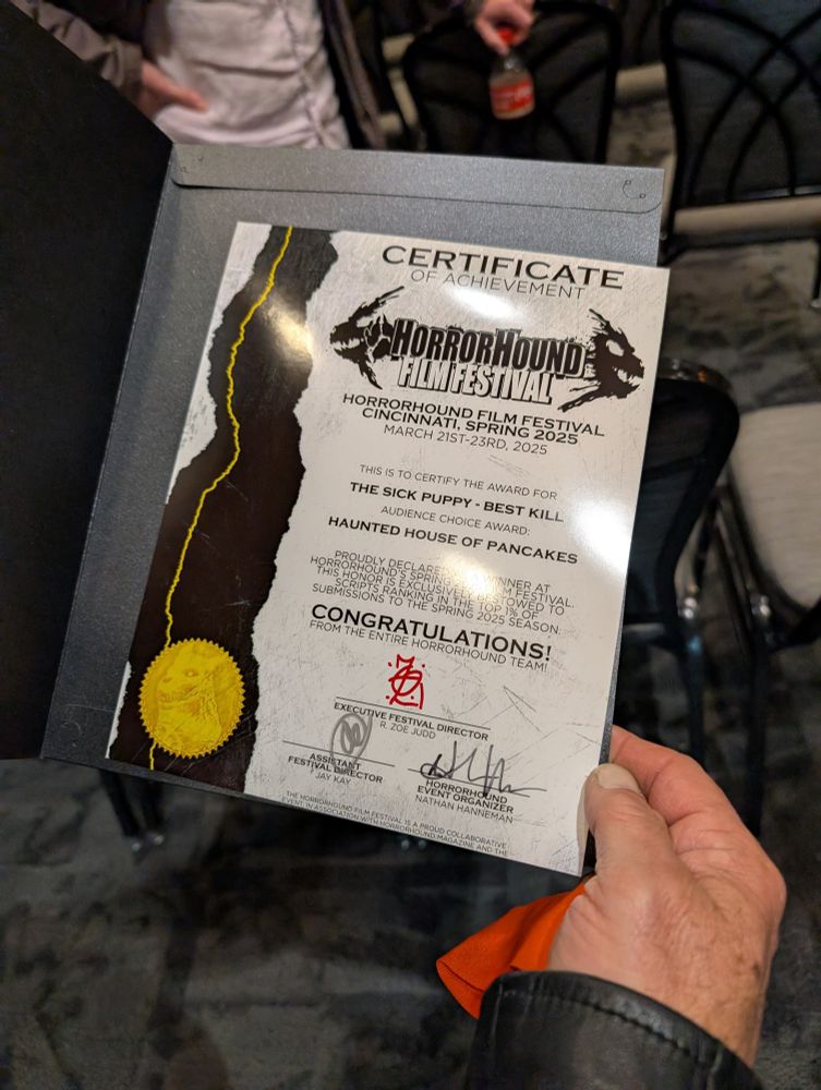 HorrorHound audience choice award for best kill presented to Haunted House of Pancakes.