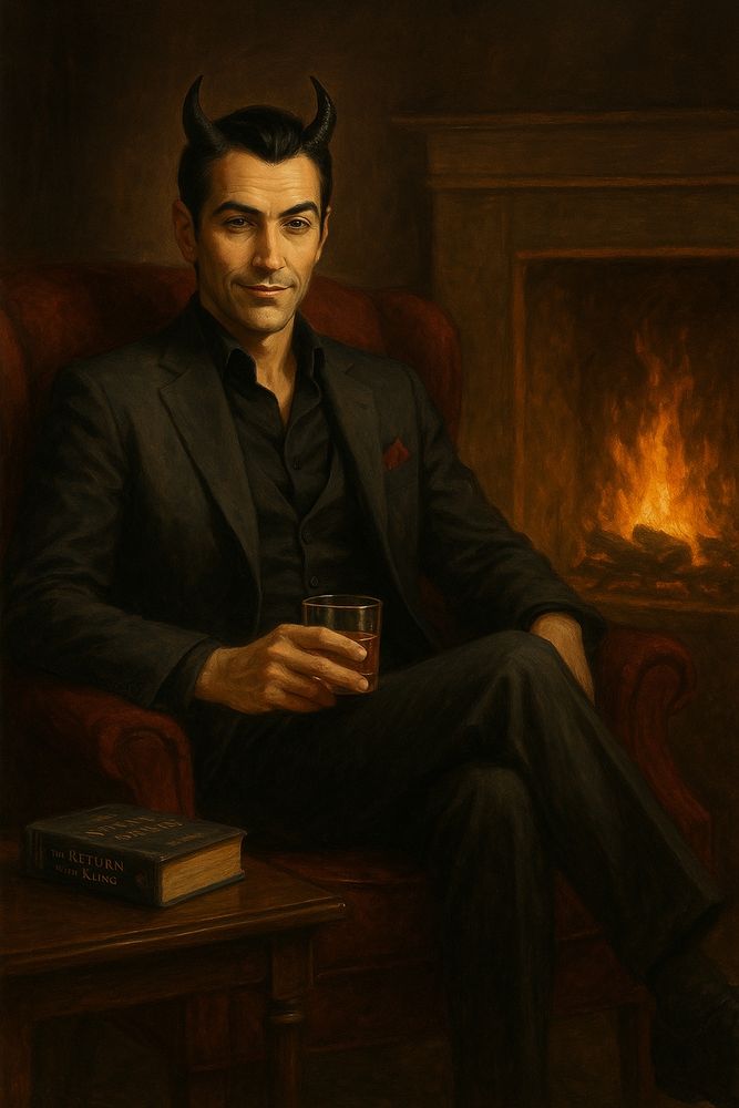 A semi-realistic painting of Lucifer seated in a velvet armchair beside a warm fire. He wears a tailored charcoal suit with subtle black horns and golden eyes. A glass of bourbon rests in his hand. On the side table: a copy of The Return of the King. A pair of black angel wings is faintly visible behind him.
