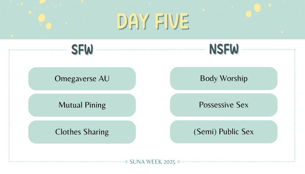 SUNA WEEK 2025 - DAY FIVE

SFW Prompts:
- Omegaverse AU
- Mutual Pining
- Clothes Sharing

NSFW Prompts:
- Body Worship
- Possessive Sex
- (Semi) Public Sex