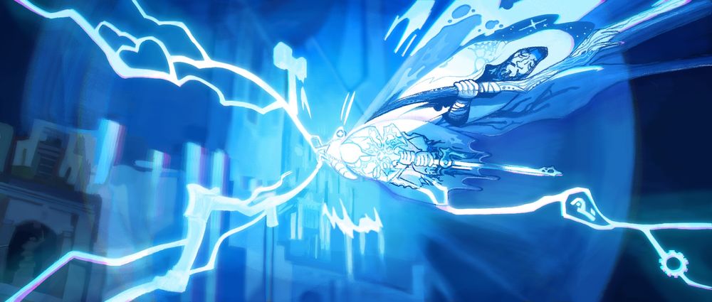 A redrawn frame from a scene in the show Arcane showing a bright blue butterfly-shaped explosion bursting out of a building. Old mage Viktor can be seen in the upper butterfly wing and hexcorized statue Jayce holding his Mercury Hammer can be seen on the lower butterfly wing. Electricity is bursting out in all directions with a hammer, a heart, a cane, an acceleration rune, and a gear hidden within it.