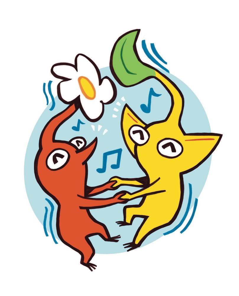 A digital drawing depicting a red pikmin and yellow pikmin holding hands and dancing.