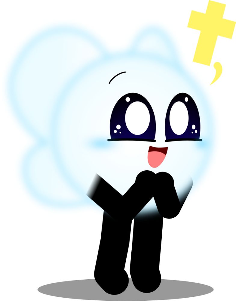 A joyful expression on the angelic light blue fuzzball Ascerious! The yellow cross hovering--representing a heart--and his big, sparkling eyes show he is eager to meet you!