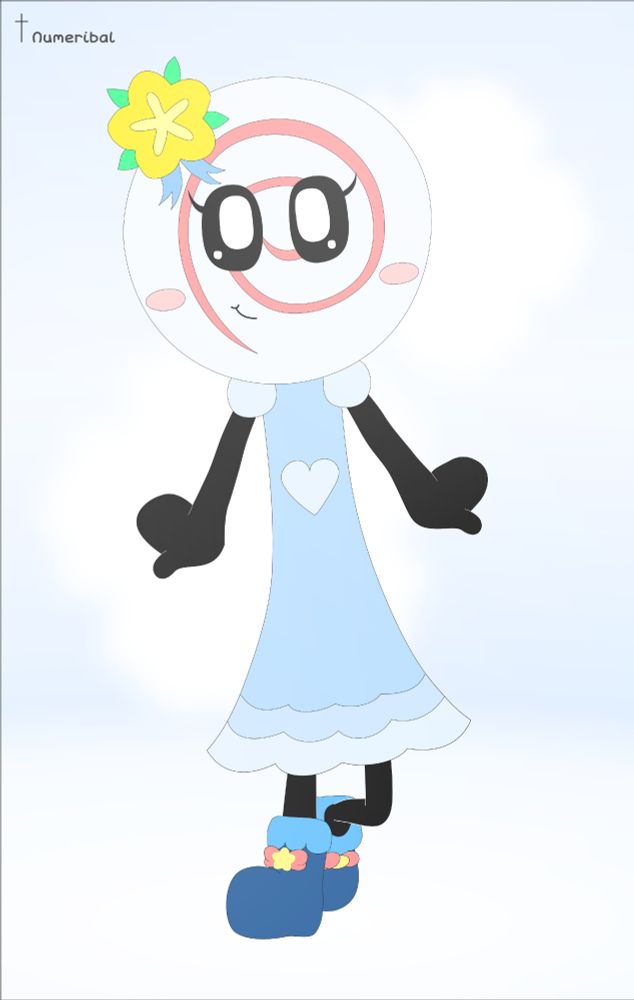 Lollipop curtsying in a baby blue dress.
Background: Bright blue with white puffs floating.