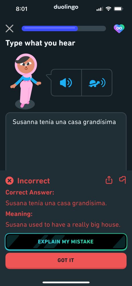 Screencap from duolingo, where the error the app is complaining I made is that I spelled Susanna with two ‘n’s instead of one. 