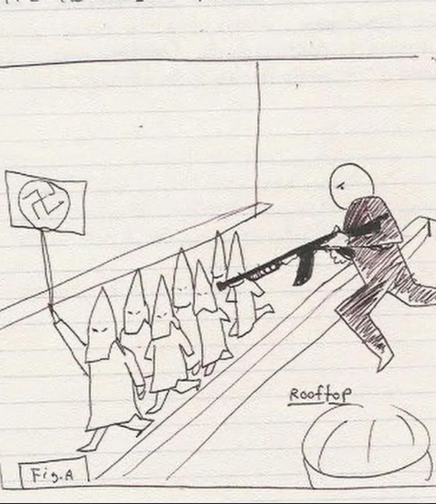 Stick figure on rooftop aiming at klansmen in hoods carrying Nazi sign. 
