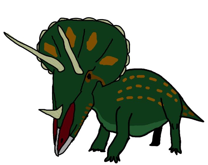 A green triceratops with orangeish spots.