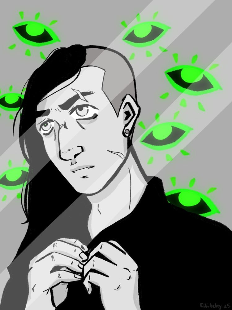 A black and white drawing of a man looking in a mirror. He has long hair that's shaved on one side and he is buttoning up a black dress shirt. In the reflection there are multiple glowing green eyes.