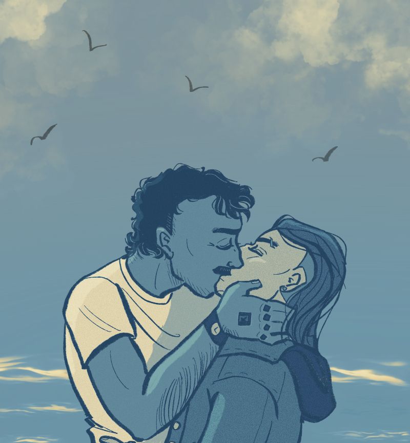 Drawing of two men kissing in warm blue tones with a simplistic background representing the beach. One tilts the other's head back for the kiss as he is significantly taller.