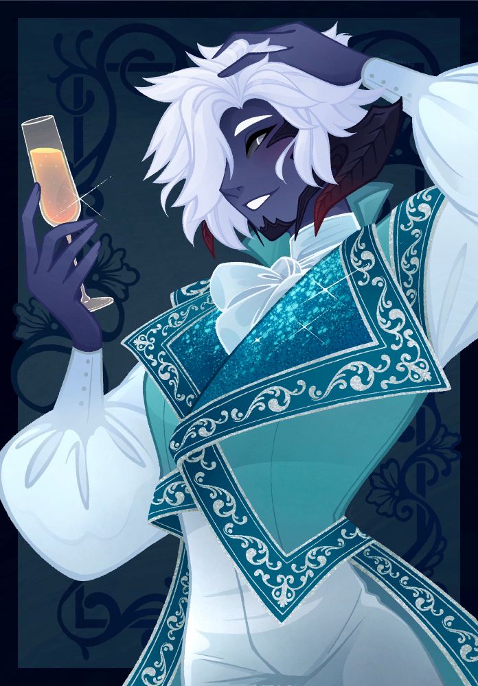 Artwork of a blue au ra xaela dressed in a teal and silver coat with swirling vine trim, holding a champagne glass with a smile.