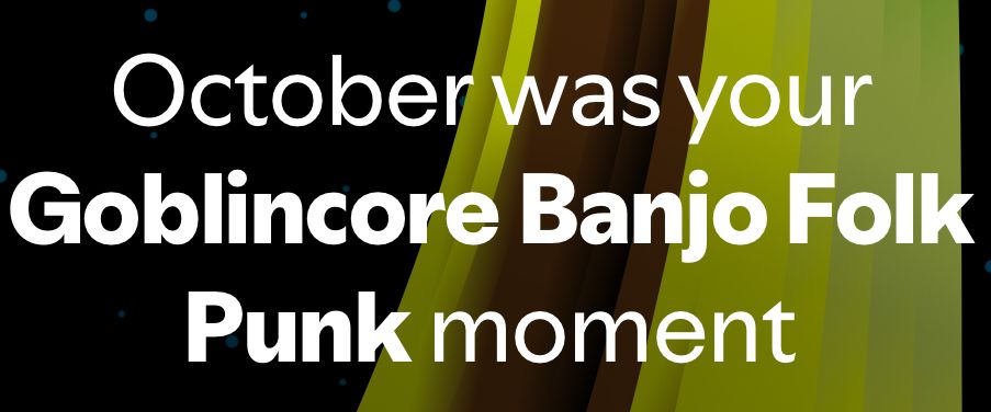 Screenshot from my Spotify wrapped: “October was your Goblincore Banjo Folk Punk movement”