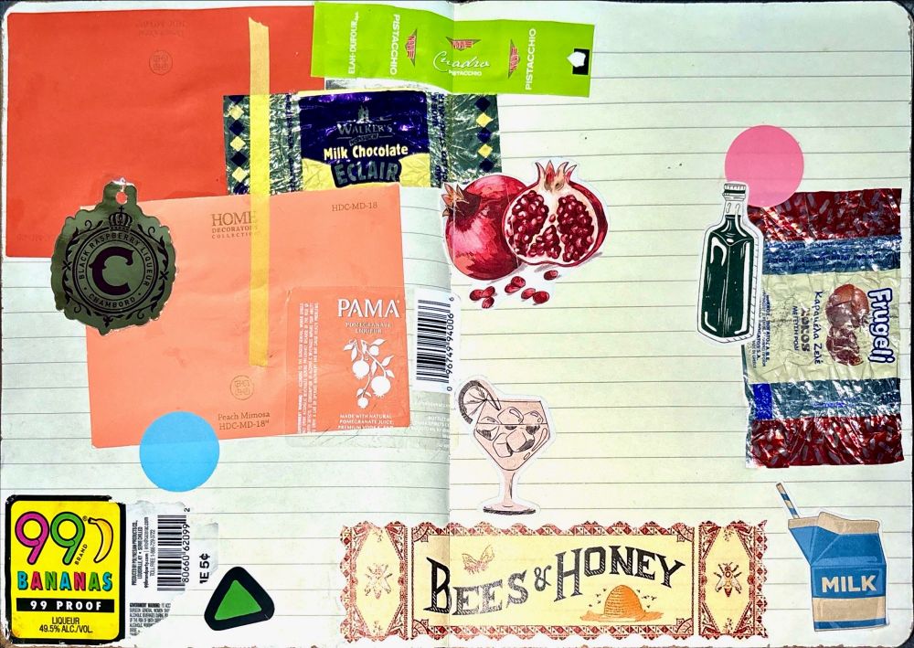 A junk journal spread in light colors, using alcohol labels and candy wrappers, as well as paint swatches and decorative stickers.