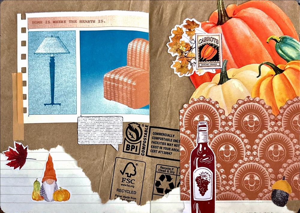 a fall themed junk journal spread, using dark neutral and brown colors. includes pumpkins, leaves, vegetables, and a quote “home is where the hearth is” against furniture illustrations.