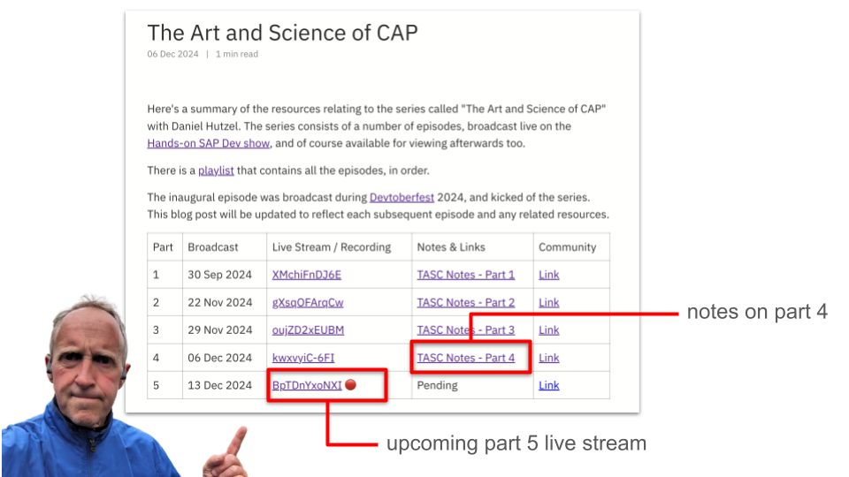 A screenshot of the blog post, with me pointing at the highlights  - a link to part 4 notes, and to part 5 live stream.