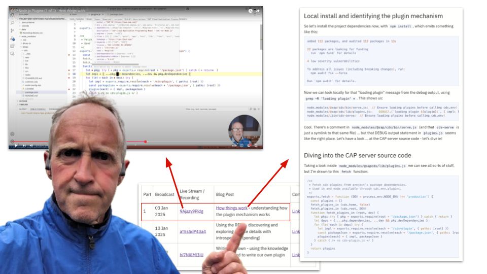 A screenshot of part of the blog post and of the live stream, plus the series post table with links to both of these resources. And me pointing at everything.
