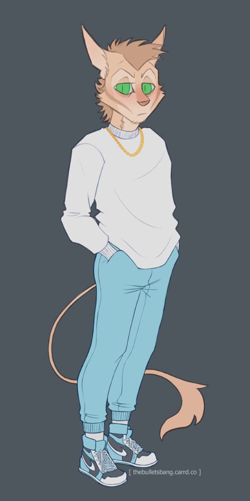 blonde furry cat man standing wearing a white sweatshirt, gold chain, icy blue sweats, and matching icy blue jordans