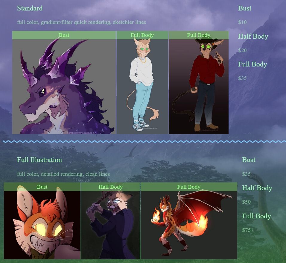 Images from my comm info page, there's six of them and they correlate to my prices: $10 Bust, $20 Half Body, $35 Full Body for Standard, which is sketchy lines/flat color. Then $35 Bust, $50 Half Body, $75+ Full Body for Full Illustration, which is fully rendered/cleaner lines.