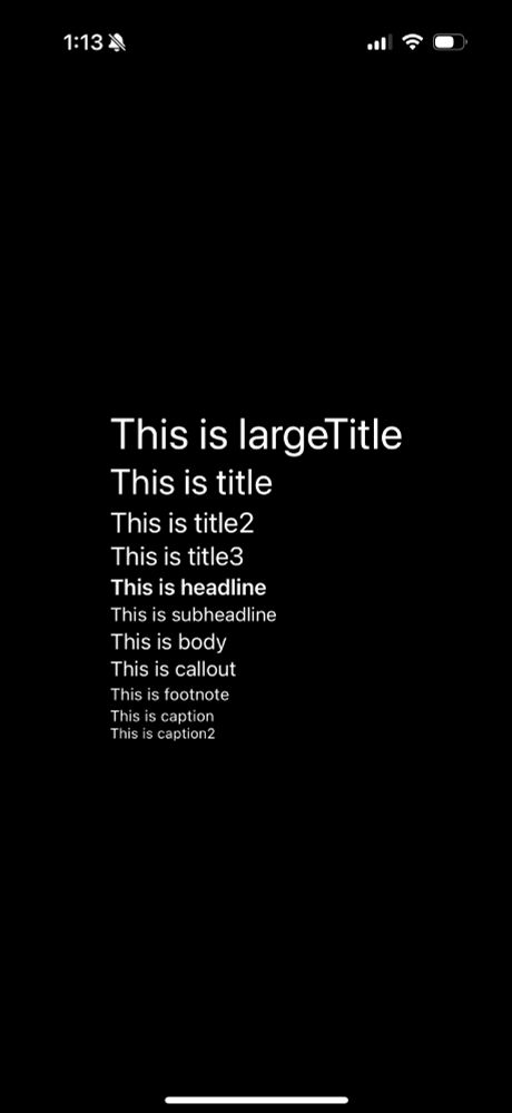 All of SwiftCrossUI's text styles displayed consecutively in a VStack from largest to smallest on iOS