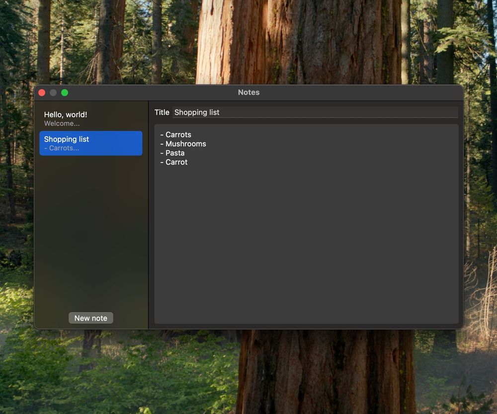 SwiftCrossUI's notes example app running on macOS