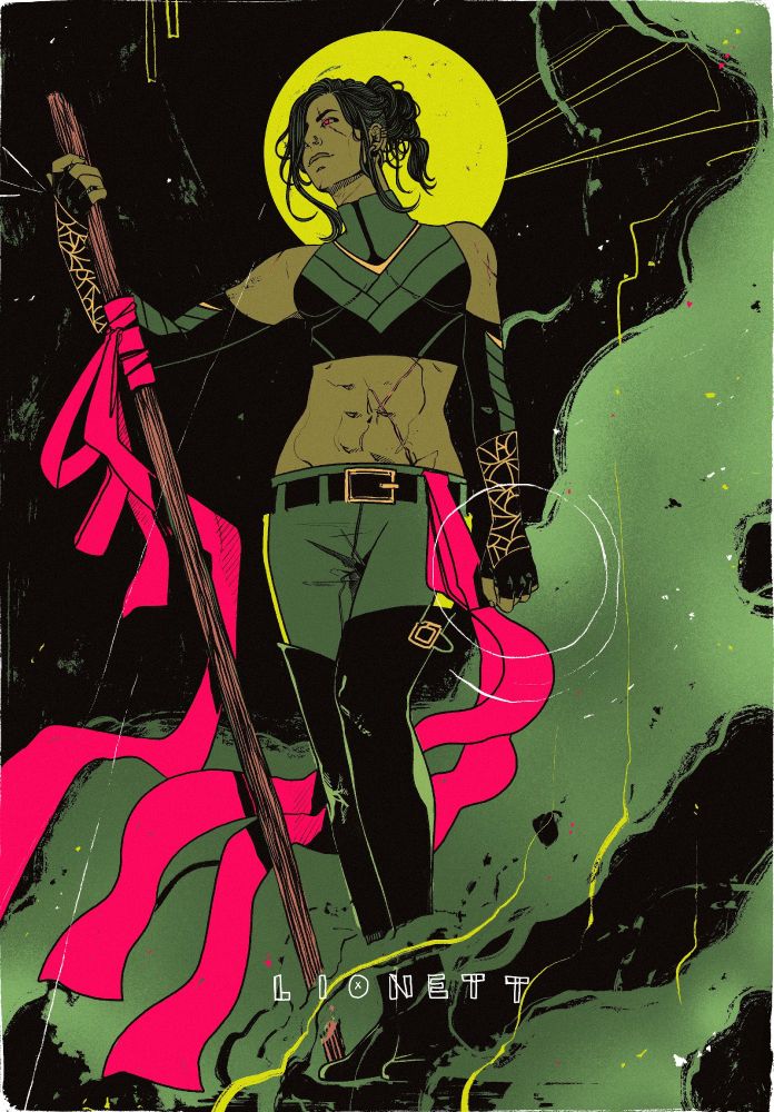 beauregard lionett stands tall with her staff, smoke around and behind her.