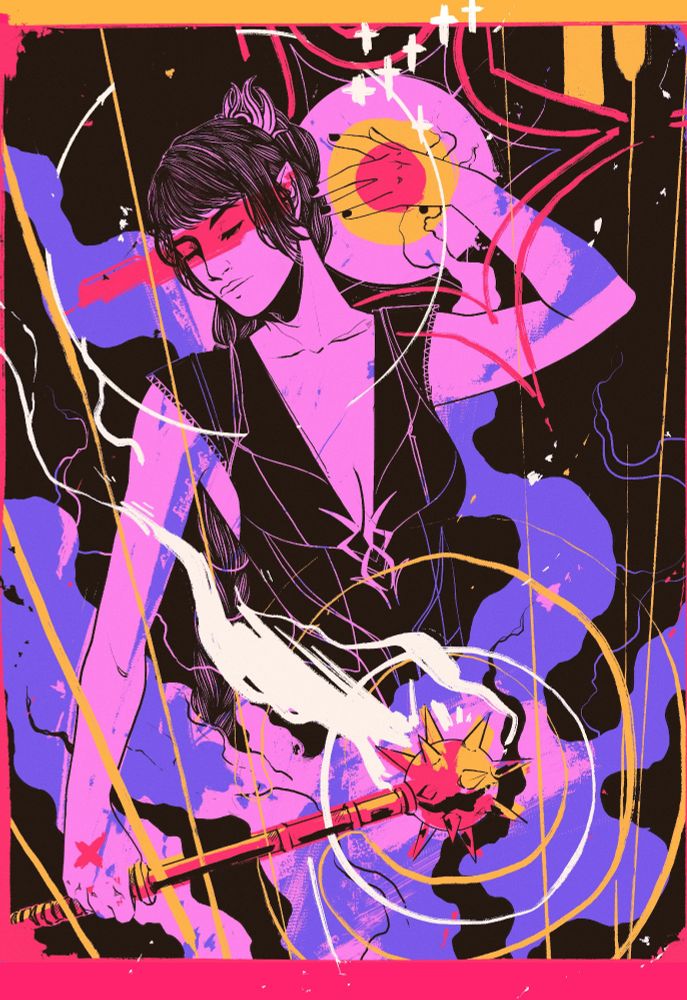 shadowheart in a variety of purples, magentas, and pinks with graphic yellow lines and holding her morningstar.