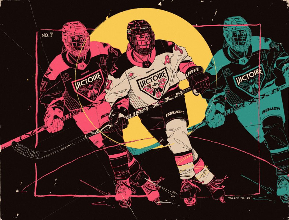 an illustrated piece in primary colors and black inks of the montreal la victoire forward laura stacey.
