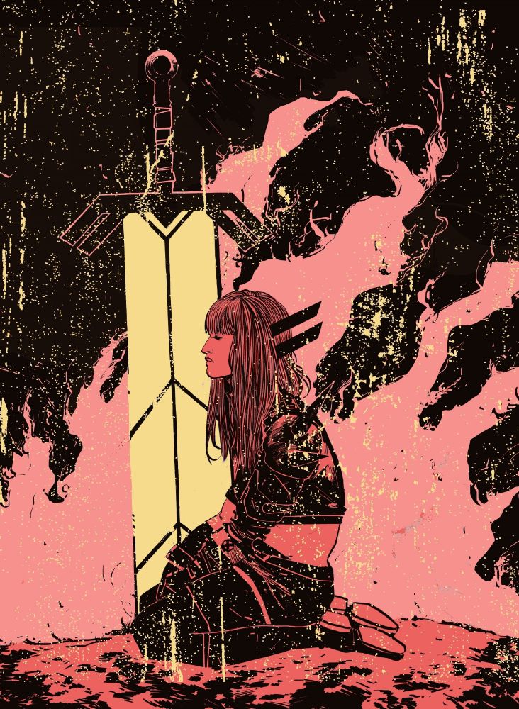 magik, seated, pensive on smoldering rock. she is on her knees, eyes closed, with her sword in yellow shinging behind her.