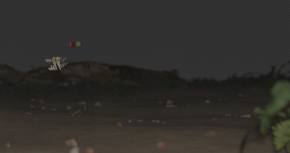 A dark 3d scene with a fern in the foreground in the right hand corner, some stones scattered on the ground, some more ferns and a fallen log in the distance, and... A pair of disembodied floating eyes, together with a set of equally disembodied teeth and claws. That was supposed to be a test render, but the only thing it tested is whether or not I'm capable of remembering what I have enabled for renders. And it clearly failed in this regard, there's supposed to be an entire gorgonopsid there.