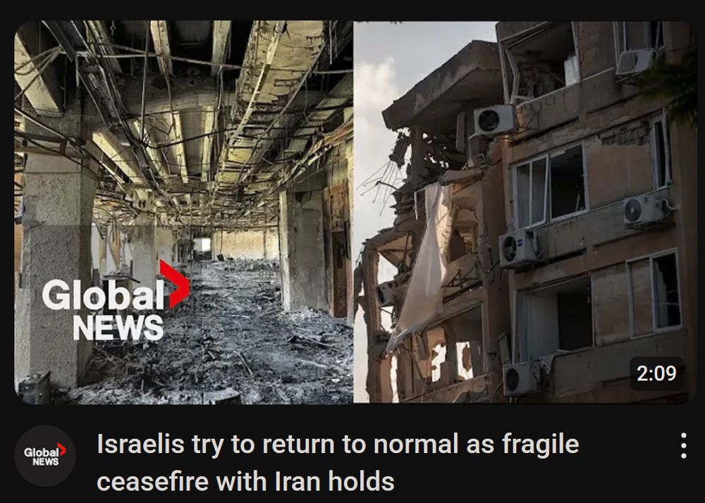 A screenshot of a global news video depicting damaged buildings. The video title is "Israelis try to return to normal as fragile ceasefire with Iran holds"