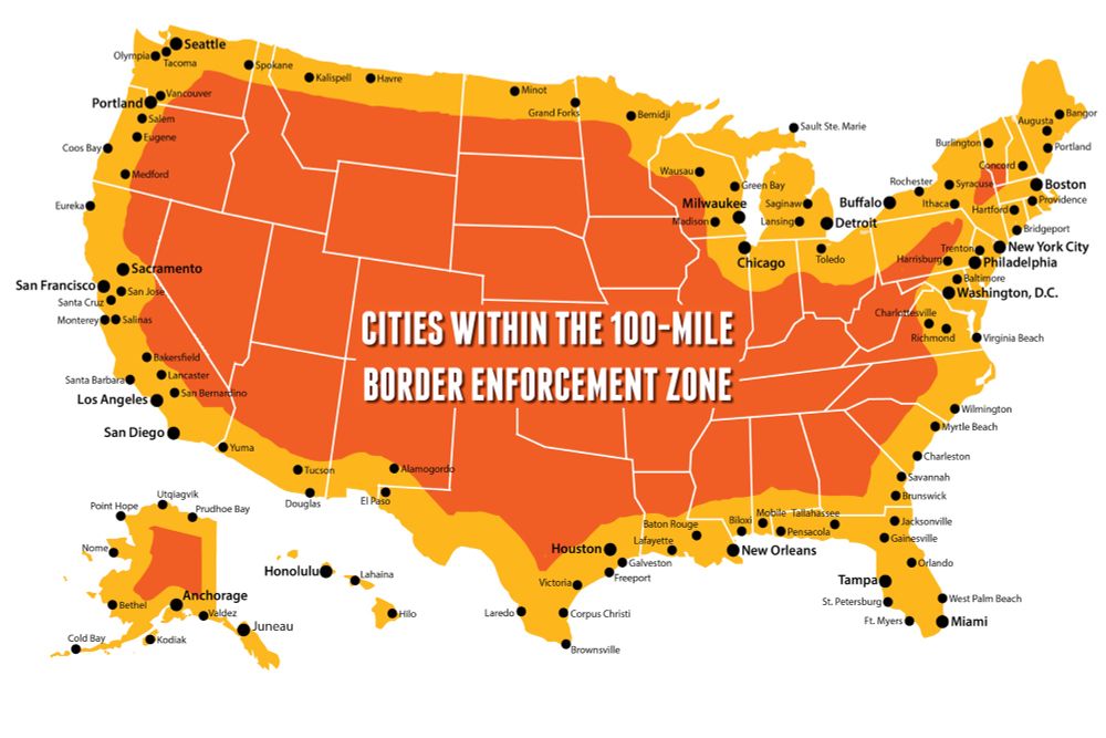 A map of the United States showing a margin of 100 miles from any border or coastal edge and all the bigger cities that are within that margin 