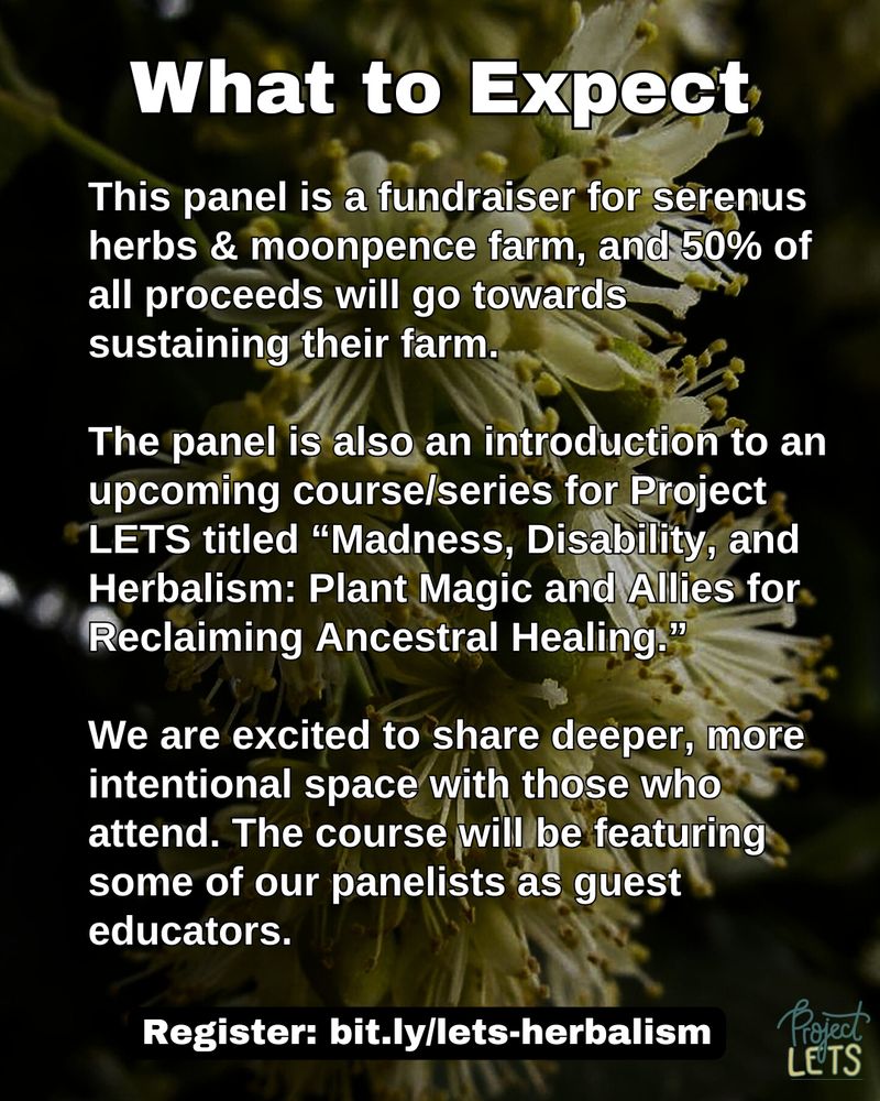 Flyer with a background of blooming linden flowers. Text reads:
“This panel is a fundraiser for serenus herbs & moonpence farm, and 50% of all proceeds will go towards sustaining their farm. The panel is also an introduction to an upcoming course/series for Project LETS titled “Madness, Disability, and Herbalism: Plant Magic and Allies for Reclaiming Ancestral Healing.” We are excited to share deeper, more intentional space with those who attend. The course will be featuring some of our panelists as guest educators. Register: bit.ly/lets-herbalism”
Project LETS logo in bottom right corner.
