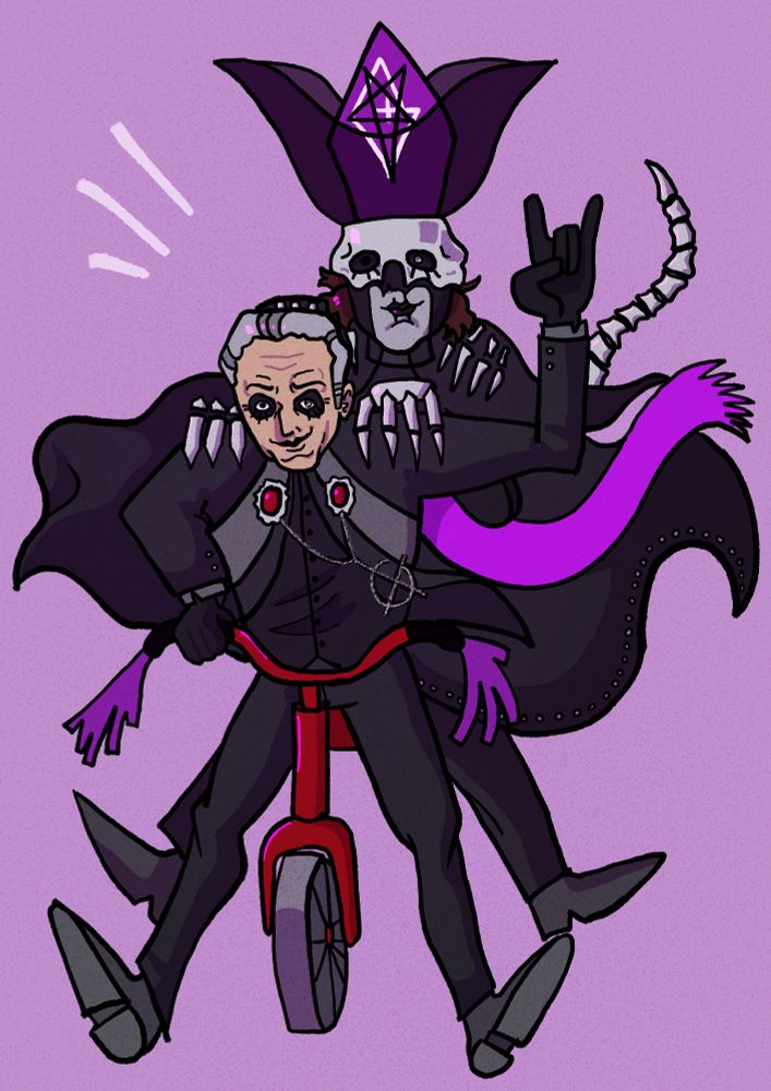 a redraw of @bebellsoterel 's art of frater imperator and perpetua riding a tricycle together. perpetua is sitting on the back holding on to copia's shoulders, and copia is riding the trike with one hand on the trike and the other hand in the air doing the sign of the horns. the background is purple.