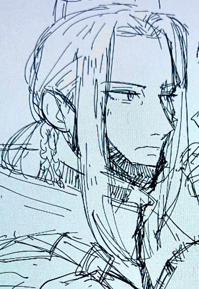 Rough digital doodle of Jeritza von Hrym from Fire Emblem Three Houses. He is in modern clothes. He is wearing a facemask pulled off to his chin, and has two small braids in his ponytail. 