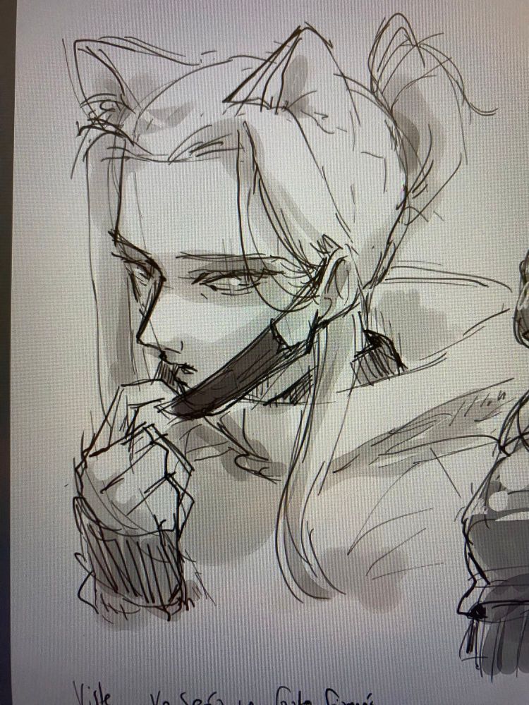 a rough sketch of Jeritza von Hrym in current day clothes, he is pulling a face mask off his mouth. He has anime cat ears. 