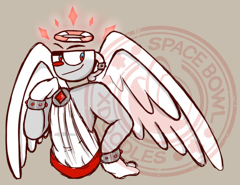 An illustration of Cuphead as an angel, wearing a white toga with hints of silver and red. His wings are spread out slightly as he sports a cocky pose, his straw halo surrounded by an aura of red diamonds. 