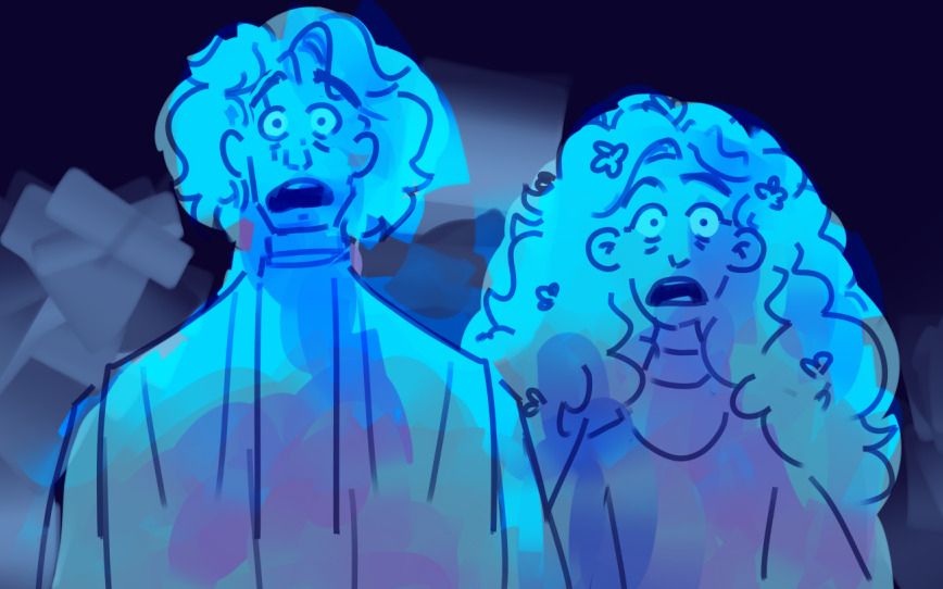 Anakin Skywalker and Padme Amidala as bright blue force ghosts in a dark blue background with some light blue mist, looking shocked and concerned