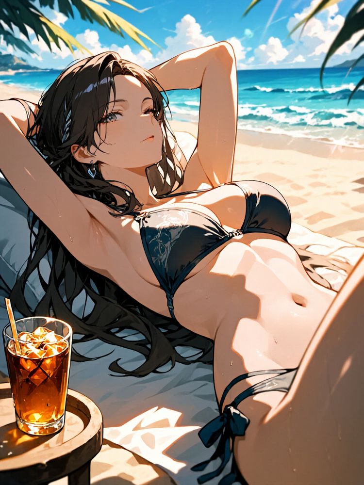A young woman with a perfect female body is lying on a beach, resting her head on a soft cushion with her arms relaxed behind her. She has long, flowing hair that cascades around her, and her toned, athletic physique is accentuated by the natural sunlight. A glass of iced tea with condensation droplets sits nearby on a small table, its amber liquid glistening in the light. She wears a stylish bikini that complements her figure, with delicate straps and subtle patterns. The golden sand stretches out around her, and the gentle waves of the ocean can be seen in the background under a bright blue sky with scattered clouds. The atmosphere is serene and summery, with a slight breeze rustling the nearby palm leaves. The style of the image is realistic yet idealized, emphasizing beauty, relaxation, and leisure.