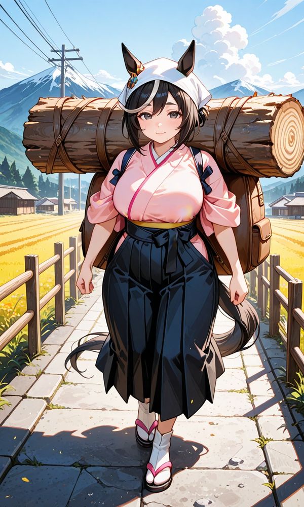 ((masterpiece)), ((best quality)), (ultra-detailed), (high resolution), amazing quality, absurdres, (mature female face), high detailed face, (perfect anatomy), very aesthetic, 8K, vibrant colors, depth of field, sharp focus, detailed fingers, high detailed body, (perfect hands), 1girl, solo, break, (umamusume, horse girl, horse ears, horse tail:1.2), mature female, (black hair, brown streaked hair, traditional side-swept updo, short hair:1.5), parted bangs, black eyes, round eyes, high detailed eyes, shining eyes, beautiful eyes, short eyebrows, thick eyebrows, break, (shortstack:1.1), (short height:1.2), large breasts, (wide hips, plump, chubby, curvy), belly, break, (pink kimono, black hakama, hakama skirt, tasuki, jika-tabi, japanese clothes:1.5), (white headscarf, ears through headwear:1.3), light smile, carrying, (gigantic backpack:1.4), (A backpack carrying a bunch of large logs:1.5), backpack bigger than own height, hair in the wind, wind, breeze, walking unpaved road, huge fluffy clouds, gradient cloud, mountainous horizon, a nostalgic rural Japanese Showa-era landscape, featuring a wide view of a traditional store with wooden sliding doors, telephone poles with sagging wires run along the dirt road, nostalgic atmosphere, wide shot, dynamic angle, cinematic lighting, ray tracing, detailed illustration, 