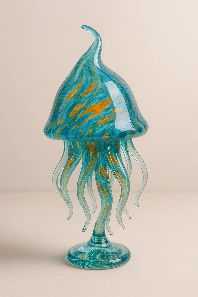 A beautiful and elegant sculpture made of Murano blown glass. The subject is [ここに描きたいものを書く]. The art is characterized by its translucent quality, smooth glossy texture, and vibrant swirling colors inside the glass. The sculpture is displayed in a clean, minimalist studio with soft lighting that makes it glow. The overall mood is artistic, delicate, and luminous.