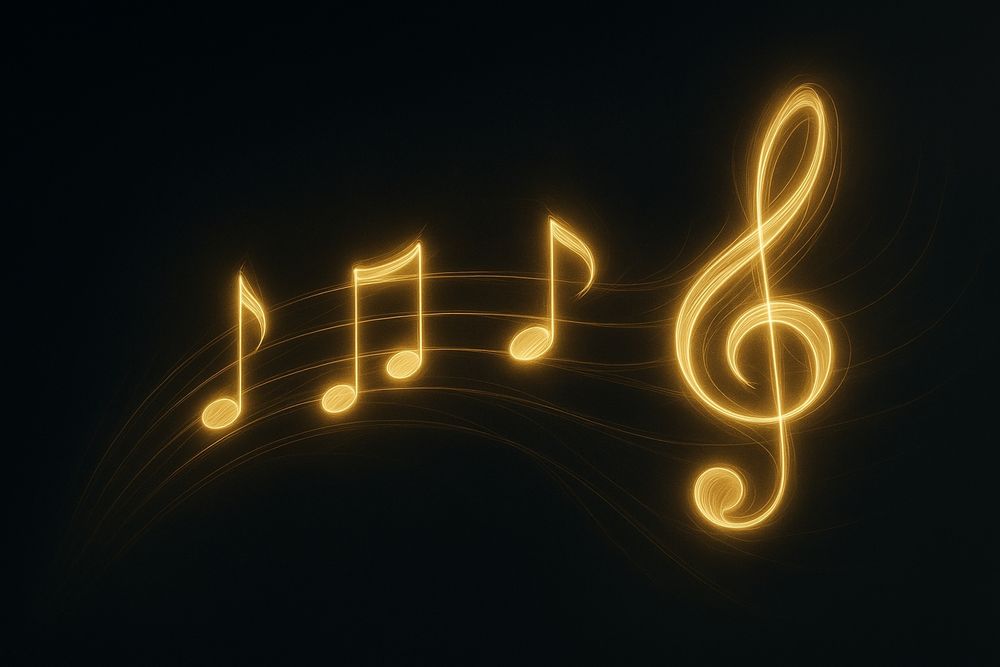 A light sculpture of Notes written on a staff. The sculpture is made of ethereal trails of light, like glowing lines drawn in the air. The object is set against a dark, minimalist background. The style is modern and elegant. The overall mood is magical, dynamic, and otherworldly.