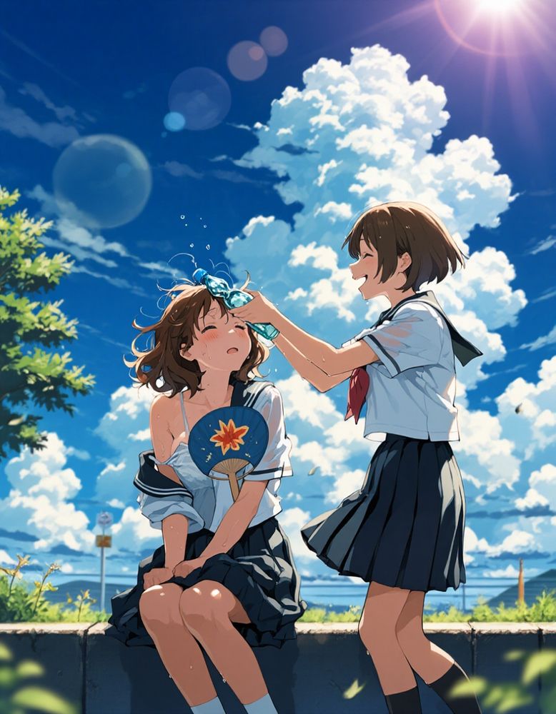 A vivid anime-style summer afternoon scene depicting two high school girls at a bus stop. The first girl wears a slightly disheveled sailor uniform with one sleeve slipping off her shoulder, revealing her flushed skin glistening with sweat. Her wavy brown hair clings to her damp forehead as she weakly gazes upward at the blazing sun, fanning herself with a traditional uchiwa fan decorated with summer motifs. Her expression conveys exhaustion from the intense heat. Beside her, her energetic friend with short, bobbed hair cheerfully presses a chilled ramune bottle against the first girl's forehead. The second girl wears her sailor uniform properly, her bright smile contrasting with her companion's fatigue. Condensation drips from the glass bottle, emphasizing the summer heat. The background features a deep azure sky with towering cumulus clouds, the sun's rays creating lens flare effects. Heat waves distort the air above the scorching asphalt road where cicada sounds seem almost audible. The surrounding trees' leaves appear slightly wilted from the heat. The composition uses vibrant, saturated colors and exaggerated lighting to emphasize the oppressive yet nostalgic summer atmosphere, rendered with cinematic quality reminiscent of anime film backgrounds.