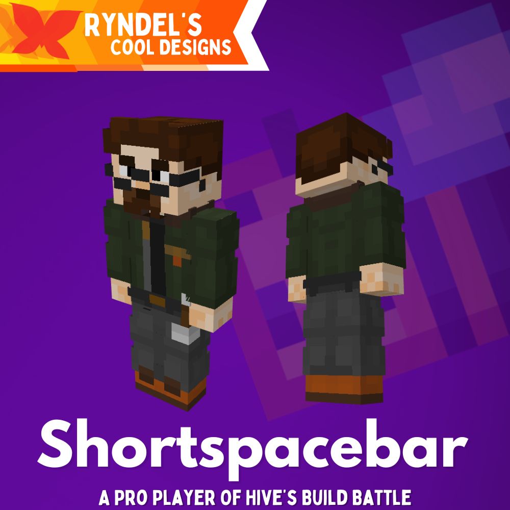 Shortspacebar's Minecraft Skin
>>> Character Description
> Skin Color
- Main: #ffe3c7
- Secondary: #ffd6ae
> Hair Color
- Main: #4e270c
- Secondary: #3f220d

>>> Outfit Description
> Darker grey glasses
> Green carhartt detroit jacket
> Black shirt
> Darker grey belt with a yellow buckle
> Small hammer on the left
> Dark grey pants
> Orange shoes
- Thick brown shoe ties & brown soles