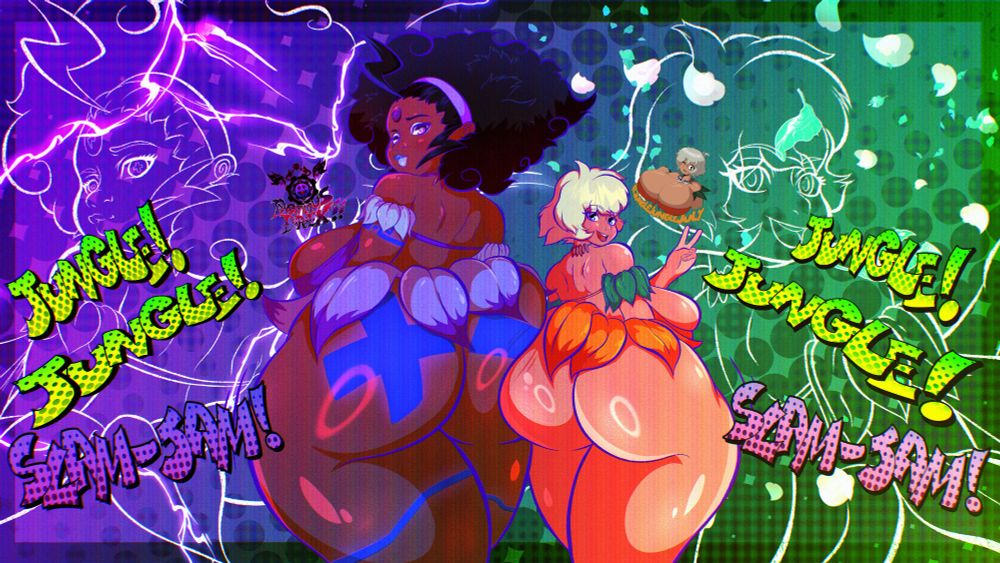 4K illustration of my OC Thundaclap (left) bumping her butt with Jungle De Ikou's Mii (right) against a vibrant background with comic book-style sound effects.