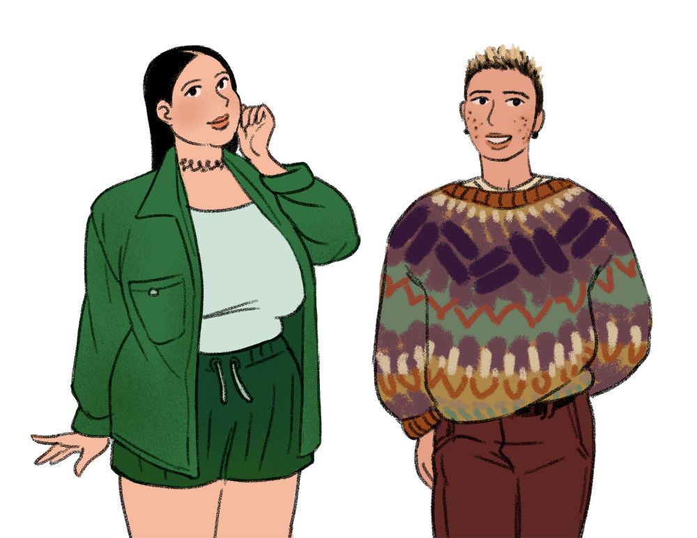 an illustration of two characters, Henki and Sem, from my comic Time Will Devour His Children, in modern world outfits. Henki, a young woman, is dressed in fashionable green shorts and an open button shirt. Sem, a young guy, is dressed in an autumnal grandpa sweater and sporting frosted tips