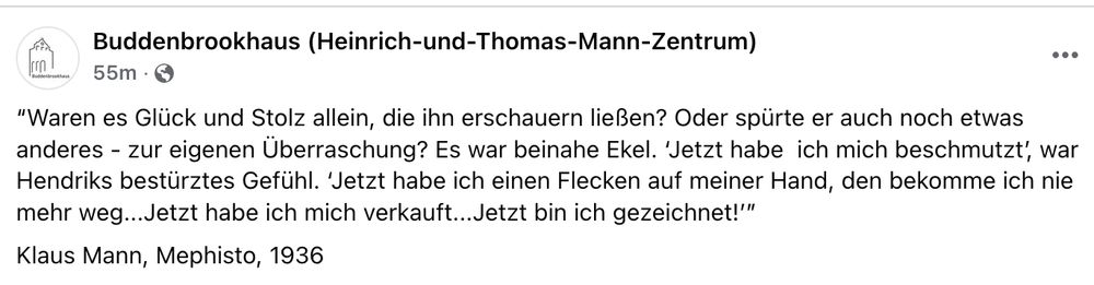 Text:
“Waren es Glück und Stolz allein, die ihn erschauern ließen? Oder spürte er auch noch etwas anderes – zur eigenen Überraschung? Es war beinahe Ekel. ‘Jetzt habe ich mich beschmutzt,’ war Hendriks bestürztes Gefühl. ‘Jetzt habe ich einen Flecken auf meiner Hand, den bekomme ich nie mehr weg … Jetzt habe ich mich verkauft … Jetzt bin ich gezeichnet!’”
Klaus Mann, Mephisto, 1936