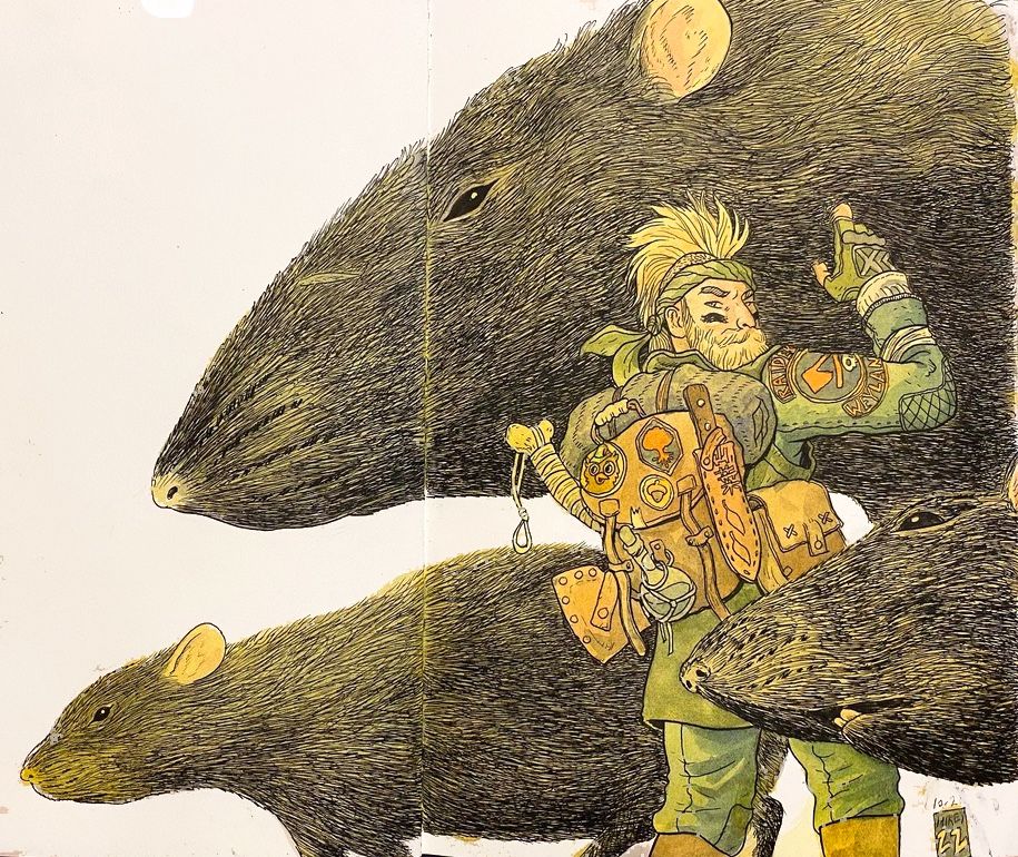 Pen and Ink drawing of a fantasy Druid and his giant rats