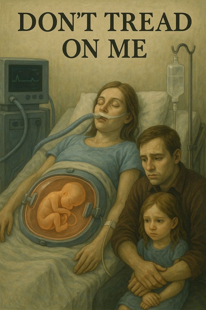 Image depicts a woman on life support turned into an incubator, with a sad husband and her 5 year old child sitting next to the bed.  Text states "Don't Tread On me"