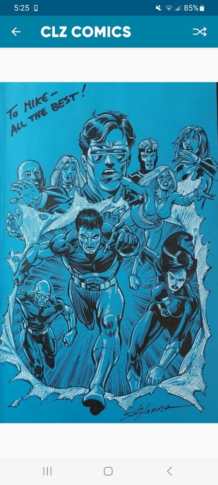 Vulcan and his team of X-Men tear through the paper of this image as Cyclops and various other X-Men look on from above. 