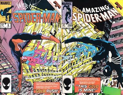Web of Spider-Man #6 and Amazing Spider-Man #268, when placed side by side, depicts a golden building collapsing. In front of that building, Spider-Man swings, slowly changing from the red and blue costume into the black costume. 